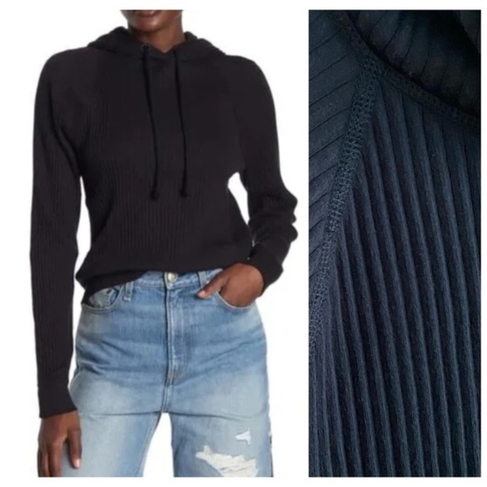 rag & bone Black 3D Ribbed Jersey Hoodie Large